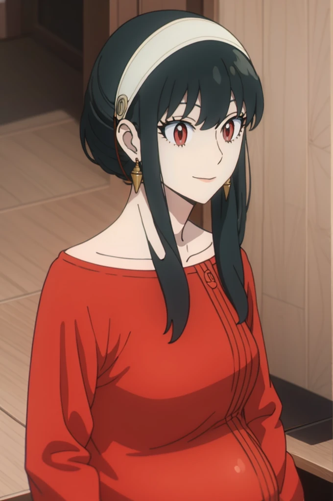 { - anatomy error} (Masterpiece, Best Quality) (masterpiece:1.4),(best quality:1.4) best quality, masterpiece, highres, solo, {yor_briar_spyxfamily:1.15}, black_hair, hairband, red eyes, sidelocks, white_hairband, jewelry, earrings, bangs, long_hair, 1girl, collarbone, closed_mouth, red_sweater, sweater, backwards, full body, dinamic poses, looking at camera, smile, pregnant belly, pregnancy