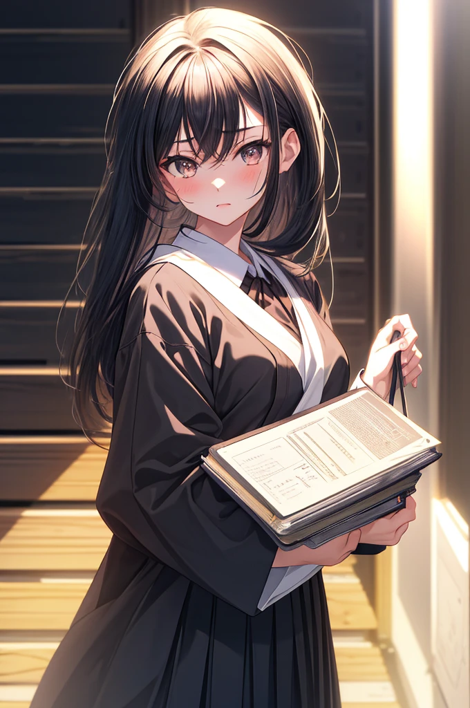 ((masterpiece)), (best quality), (ultra-detailed), 1girl, solo, Japanese high school girl, 17 years old, slender build, 160cm tall, long straight black hair to the waist, black almond-shaped eyes with a slight upward tilt, pale skin, serious expression, detail lip, standing in the school hallway, sunlight streaming through windows, holding textbooks and clipboard, confident posture, a slight blush on cheeks, determined gaze, hint of vulnerability in eyes, meticulous appearance, neatly styled hair, crisp and clean uniform, intricate details on a uniform, realistic fabric textures, soft lighting, depth of field, high contrast, cinematic composition, official art, Splash anime art, Smooth anime CG art, pixiv, Sequential art, Rule of thirds composition, Noise-free clean image, High detail, 8K resolution