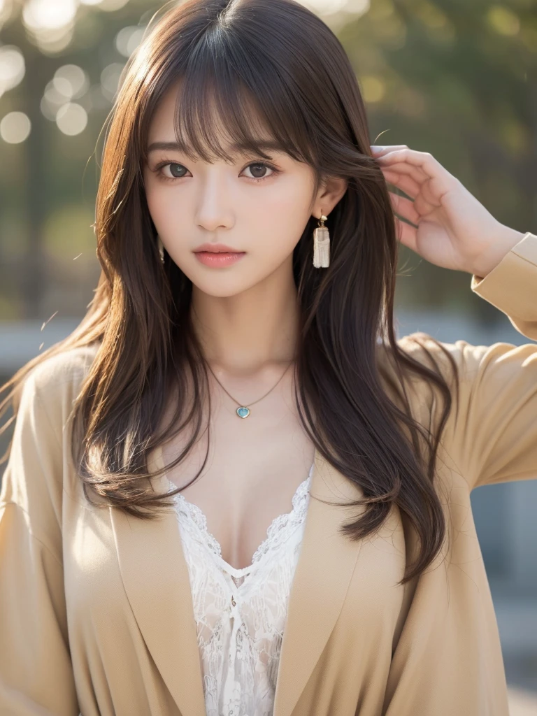 ((Highest quality, 8k, masterpiece:1.3)), concentrate: 1.2, Perfect body beauty: 1.4, Hips: 1.2, ((Long Hair, chest: 1.2)), (Dry clothes: 1.1) , (clear, Simple Background:1.3), Simple clothes: 1.1, Highly detailed face and skin texture,Delicate eyes, double eyelid, Whitened skin, Rough skin、Long Hair、Earrings with bangs、necklace、 solo、Beige coat、White shirt, (((Beautiful girl with cute Japan)))、 ((Beautiful Japanese girl 20 years old))、 ((Baby Face))、 (((Slender body)))、 Upper Body,Face focus、necklace,Simple Background,From above, Realistic Hair、 A photograph was taken:Canon EOS R6、135mm、1/1250 seconds、f2.8、ISO400、(Detailed explanation of the hand)、(Masseter muscle area)、(Exquisite CG)、Long Hair, loose and curly hair、Korean Hair、Long Hair明るいベージュ色、グラデーションハイライトグレージュのゆるふわLong Hairスタイル、