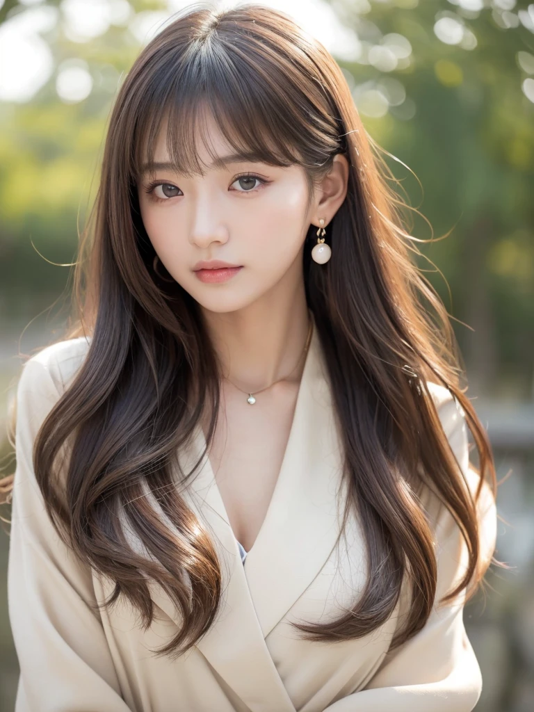 ((Highest quality, 8k, masterpiece:1.3)), concentrate: 1.2, Perfect body beauty: 1.4, Hips: 1.2, ((Long Hair, chest: 1.2)), (Dry clothes: 1.1) , (clear, Simple Background:1.3), Simple clothes: 1.1, Highly detailed face and skin texture,Delicate eyes, double eyelid, Whitened skin, Rough skin、Long Hair、Earrings with bangs、necklace、 solo、Beige coat、White shirt, (((Beautiful girl with cute Japan)))、 ((Beautiful Japanese girl 20 years old))、 ((Baby Face))、 (((Slender body)))、 Upper Body,Face focus、necklace,Simple Background,From above, Realistic Hair、 A photograph was taken:Canon EOS R6、135mm、1/1250 seconds、f2.8、ISO400、(Detailed explanation of the hand)、(Masseter muscle area)、(Exquisite CG)、Long Hair, loose and curly hair、Korean Hair、Long Hair明るいベージュ色、グラデーションハイライトグレージュのゆるふわLong Hairスタイル、