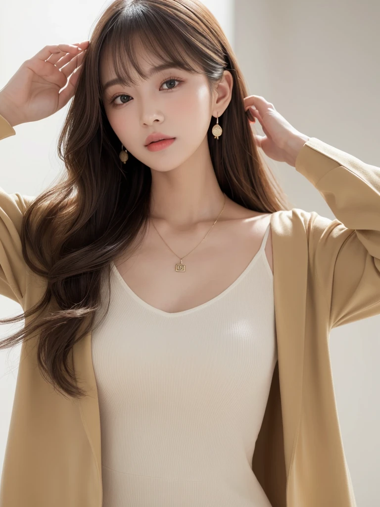 ((Highest quality, 8k, masterpiece:1.3)), concentrate: 1.2, Perfect body beauty: 1.4, Hips: 1.2, ((Long Hair, chest: 1.2)), (Dry clothes: 1.1) , (clear, Simple Background:1.3), Simple clothes: 1.1, Highly detailed face and skin texture,Delicate eyes, double eyelid, Whitened skin, Rough skin、Long Hair、Earrings with bangs、necklace、 solo、Beige coat、White shirt, (((Beautiful girl with cute Japan)))、 ((Beautiful Japanese girl 20 years old))、 ((Baby Face))、 (((Slender body)))、 Upper Body,Face focus、necklace,Simple Background,From above, Realistic Hair、 A photograph was taken:Canon EOS R6、135mm、1/1250 seconds、f2.8、ISO400、(Detailed explanation of the hand)、(Masseter muscle area)、(Exquisite CG)、Long Hair, loose and curly hair、Korean Hair、Long Hair明るいベージュ色、グラデーションハイライトグレージュのゆるふわLong Hairスタイル、