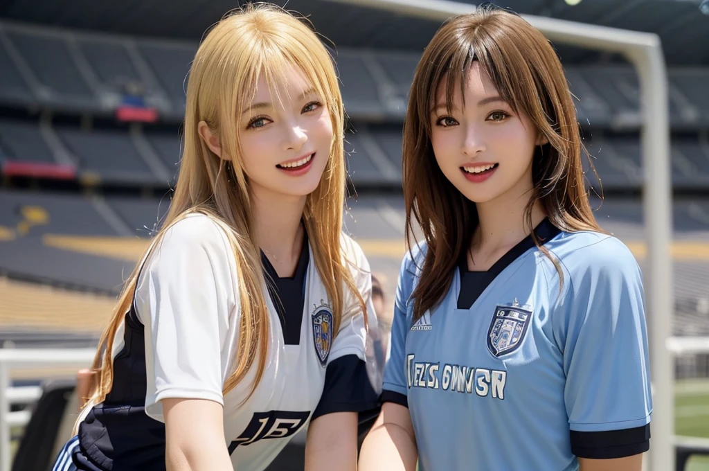 (Highest quality、8k、32K、masterpiece)、(Realistic)、(Realistic:1.2)、(High resolution)、Very detailed、Very beautiful face and eyes、1 girl、Round and small face、Tight waist、Delicate body、(close、Highest quality、Attention to detail、Rich skin detail)、(Highest quality、8k、Oil paints:1.2)、(Realistic、Realistic:1.37)、Bright colors、(((blonde)))、(((Cowboy Shot)))、(((Medium Hair)))、(((Laughter)))、(((blonde)))、(((Soccer uniforms)))、(((黒とピンクのSoccer uniforms)))、(((Football Stadium)))、(((Enthusiastic audience)))、(((Uniform without lines)))、Short sleeve uniform、There are no lines on the sleeves
