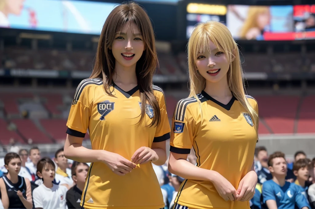 (Highest quality、8k、32K、masterpiece)、(Realistic)、(Realistic:1.2)、(High resolution)、Very detailed、Very beautiful face and eyes、1 girl、Round and small face、Tight waist、Delicate body、(close、Highest quality、Attention to detail、Rich skin detail)、(Highest quality、8k、Oil paints:1.2)、(Realistic、Realistic:1.37)、Bright colors、(((blonde)))、(((Cowboy Shot)))、(((Medium Hair)))、(((Laughter)))、(((blonde)))、(((Soccer uniforms)))、(((黒とピンクのSoccer uniforms)))、(((Football Stadium)))、(((Enthusiastic audience)))、(((Uniforms with no lines on the sleeves)))、Short sleeve uniform
