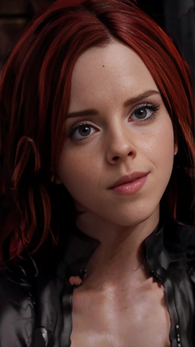 emma watson, red hair black widow, [sexy look], [beautiful detailed eyes], [beautiful detailed lips], [extremely detailed eyes and face], longeyelashes, [high fashion, elegant], [luxurious dress], [dramatic lighting], [cinematic, dramatic], [hyper realistic, 8k, photorealistic], [professional lighting, studio lighting], [best quality, ultra-detailed, masterpiece:1.2], [vivid colors, vibrant]