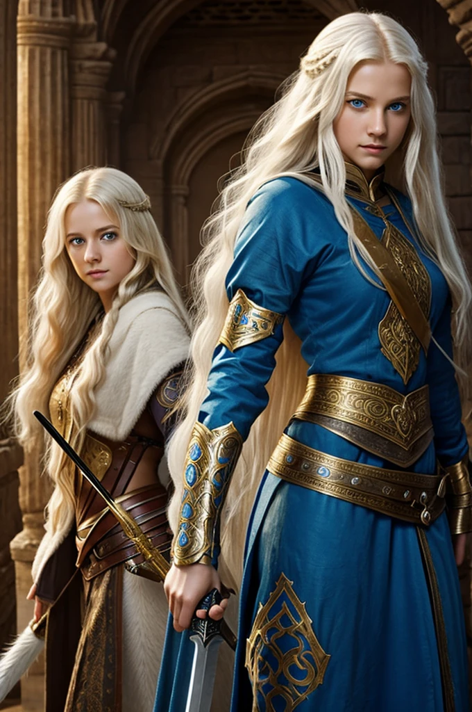 a masterful girl with bright blue eyes and long golden hair, who has a magic sword in his hand and is accompanied by an ancient white wolf