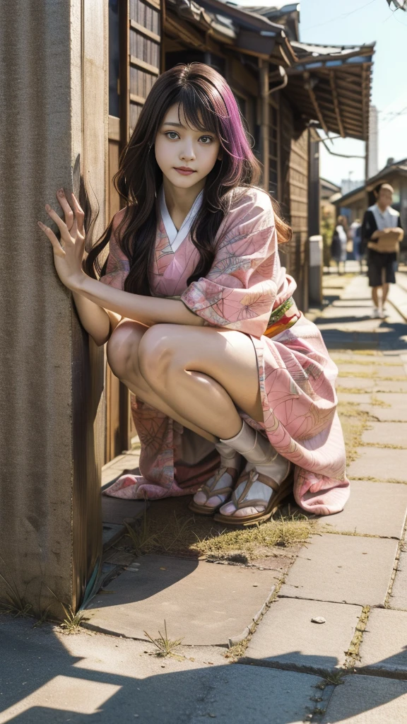 Cute Japanese woman, (16 years old), (Very cute face: 1.3), White moist skin, Looking at the camera, Melancholy expression,
BREAK,
Idol,
BREAK,
(Wearing cute kimono: 1.3), (Highly revealing kimono), Very large earrings, Short length,
BREAK,
(Fighting pose: 1.3),
BREAK,
(Long hair), (Pink hair: 1.2), (Wavy hair), (Gradient hair: 1.3), (Red hair at the ends),
BREAK,
(Realistic: 1.3), Masterpiece, Perfect lighting, (Ultra-high resolution), (8K), (Very detailed: 1.4), (From the front), (Full body: 1.4), (Symmetrical: 1.2),
BREAK,
(Shibuya city in Japan: 1.2),
BREAK,
(Demon Slayer: 1.4),
BREAK,
(Kasumi Arimura: 1.4),