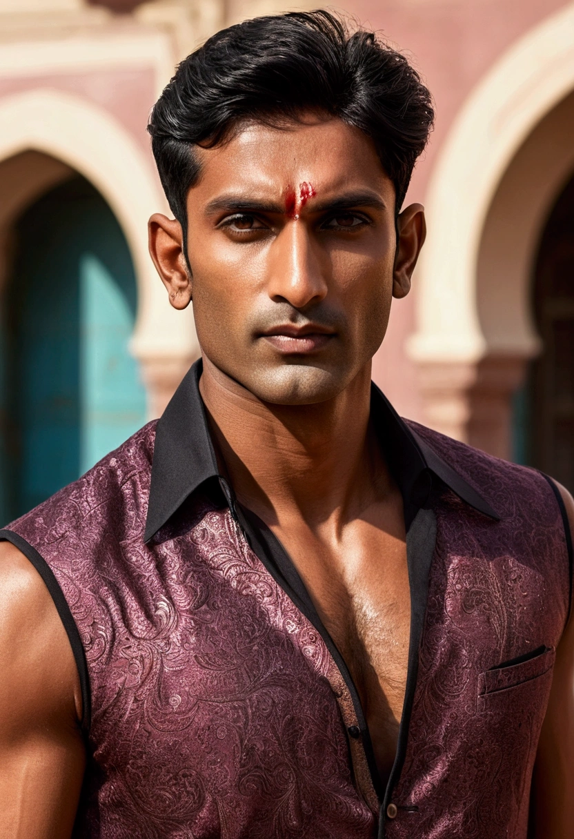 an award winning photograph of a (handsome indian man:1.1), detailed, trending on artstation, no beard, sharp jawline, tanned skin, ripped body, siren eyes, high bridged nose. Mafia leader aesthetic, full body head to toe view