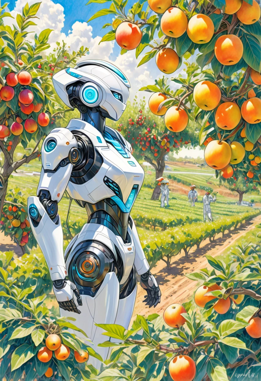 A colored pencil sketch of a futuristc farm human looking robot working in a fruit orchard. It is bright sunny romanitic and idealist sketch of furture were the land and tecknology ar in harmony in a archeofuturistic vision.