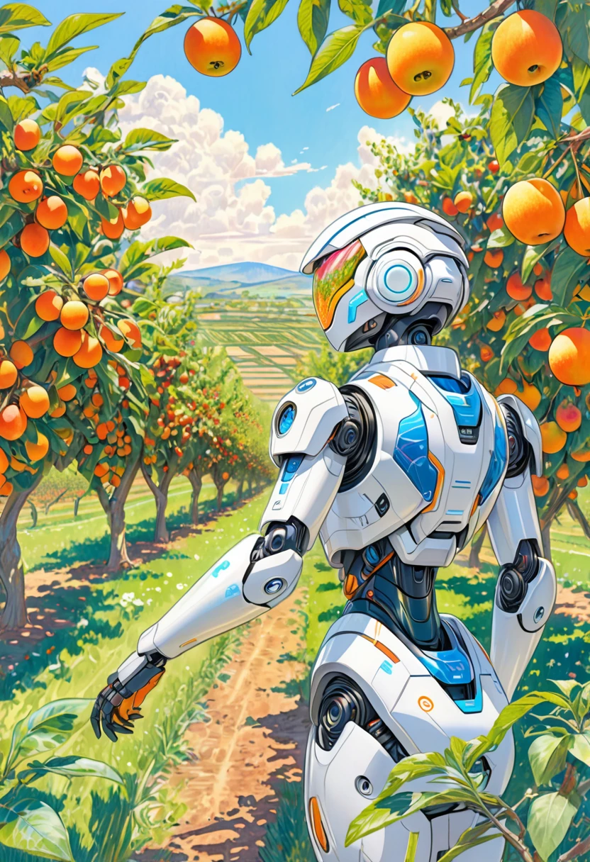 A colored pencil sketch of a futuristc farm human looking robot working in a fruit orchard. It is bright sunny romanitic and idealist sketch of furture were the land and tecknology ar in harmony in a archeofuturistic vision.