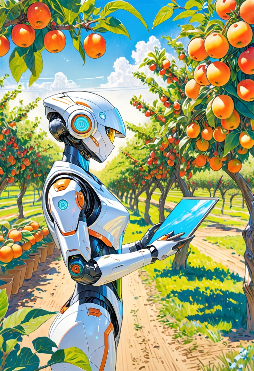 A colored pencil sketch of a futuristc farm human looking robot working in a fruit orchard. It is bright sunny romanitic and idealist sketch of furture were the land and tecknology ar in harmony in a archeofuturistic vision.