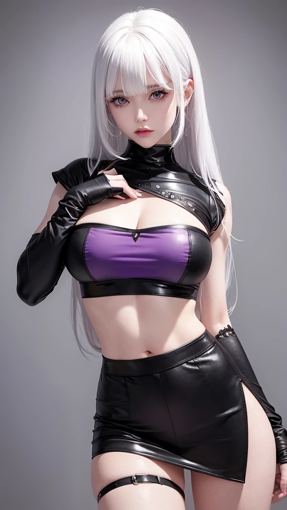 girl with white hair,with bangs, black gloves, purple clothes, top, skirt, 4K, masterpiece, perfect body, stem,perfect eyes, a soft look,perfect shading, perfect lighting, best quality, work of art, ultra detailed, detailed clothing, with details on clothes 