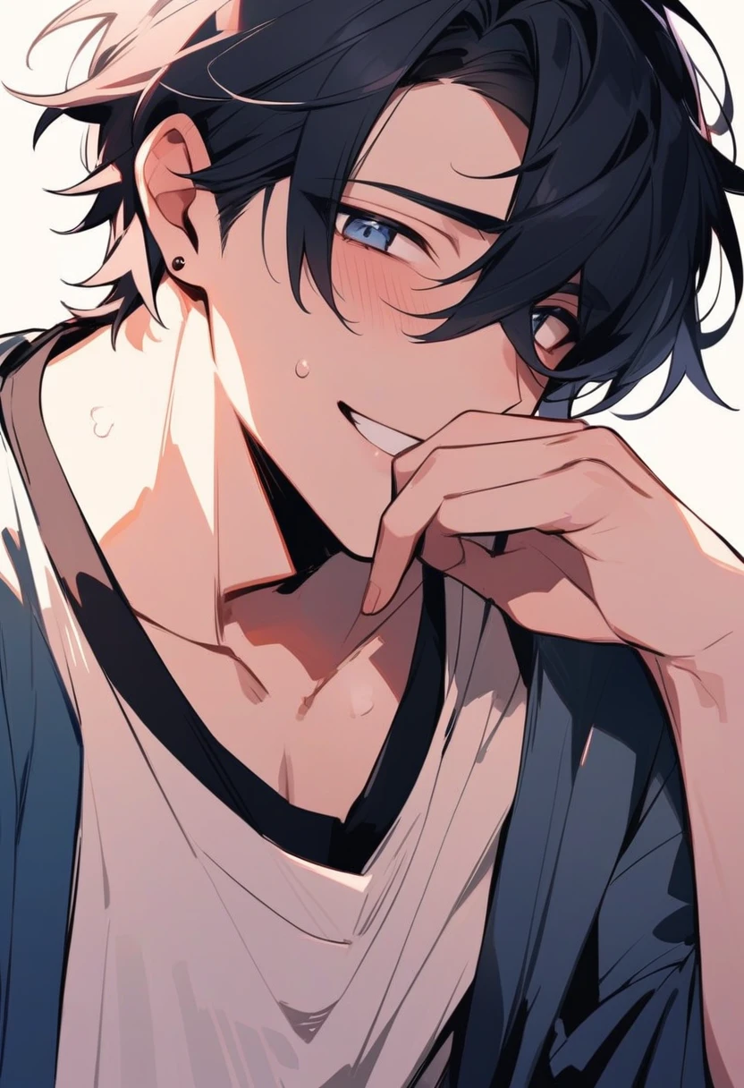 Beautiful man、Wearing a T-shirt、Put your hand to your mouth、Laugh with a crumpled face