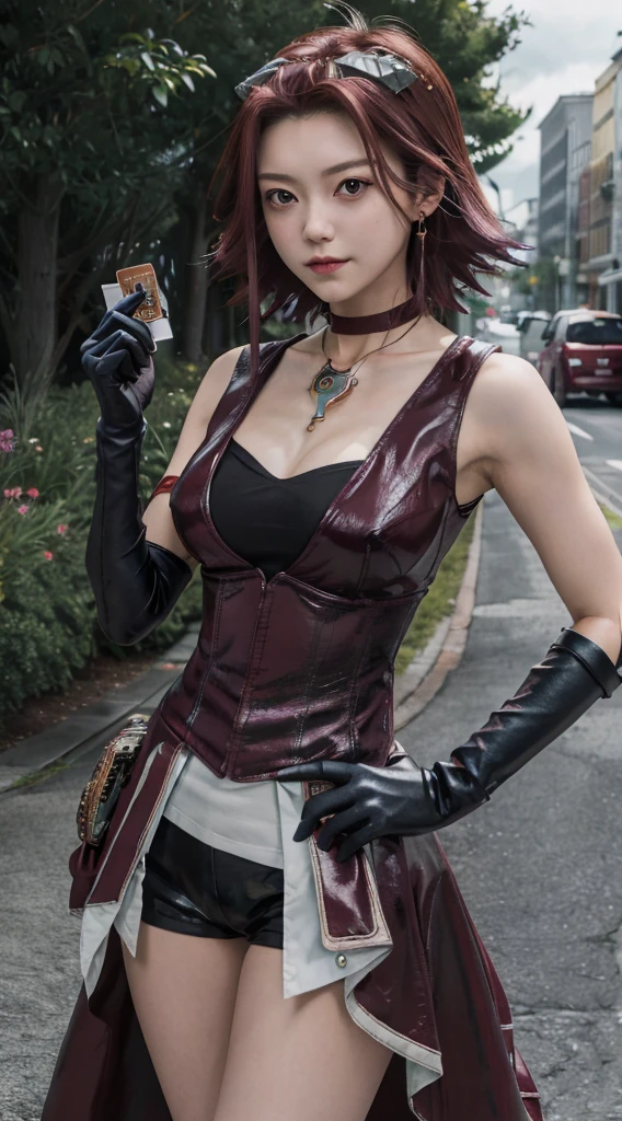 masterpiece, Best Quality, High resolution, aki1, Izayoi Aki, Alone, gloves, elbow gloves, old, jewelry, neckline, choker, collar, black thighs, black gloves, large old,standing, cowboy shot, outdoor, hand on hip, Street, pointing, ((holding Yu-Gi-Oh card))
