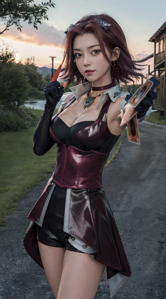 masterpiece, Best Quality, High resolution, aki1, Izayoi Aki, Alone, gloves, elbow gloves, old, jewelry, neckline, choker, collar, black thighs, black gloves, large old,standing, cowboy shot, outdoor, hand on hip, Street, pointing, ((holding Yu-Gi-Oh card))