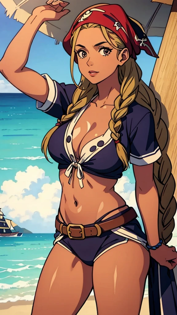 50 year old woman, with tanned skin and braided hair in a pirate outfit