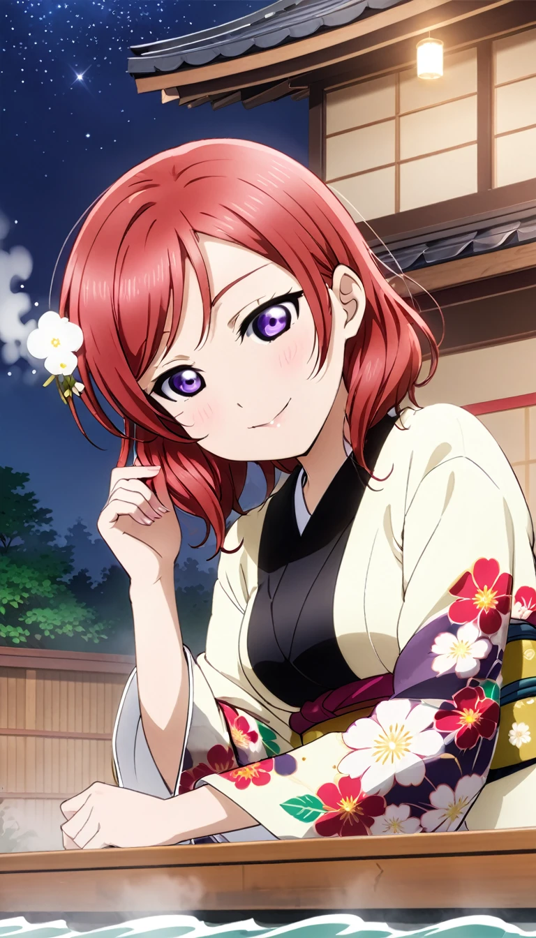 Draw Maki Nishikino from Love Live. She has red hair and purple eyes. She's relaxing in a hot spring, surrounded by steam, at a traditional Japanese inn. The setting includes rocks and mountains, under a night sky filled with stars. Her eyes are gently closed,Highest quality, Sparkle Effect, smile