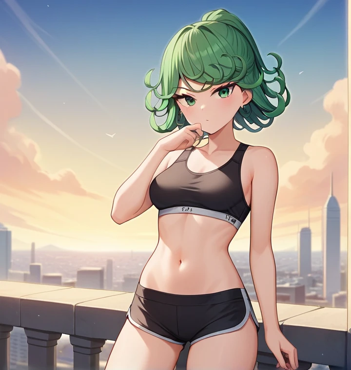 score_8_up, score_7_up, score_6_up, score_5_up, score_4_up, anime screenshot, looking at viewer, upper body,
1girl, tatsumaki, green hair, green eyes,super long hair,Ponytail, thighs, looking at viewer,
Black sports bra, shorts,medium breasts,
BREAK
standing, looking at viewer, city,Solo, Masterpiece, Blunt Bangs, Braided Ponytail, Earrings,