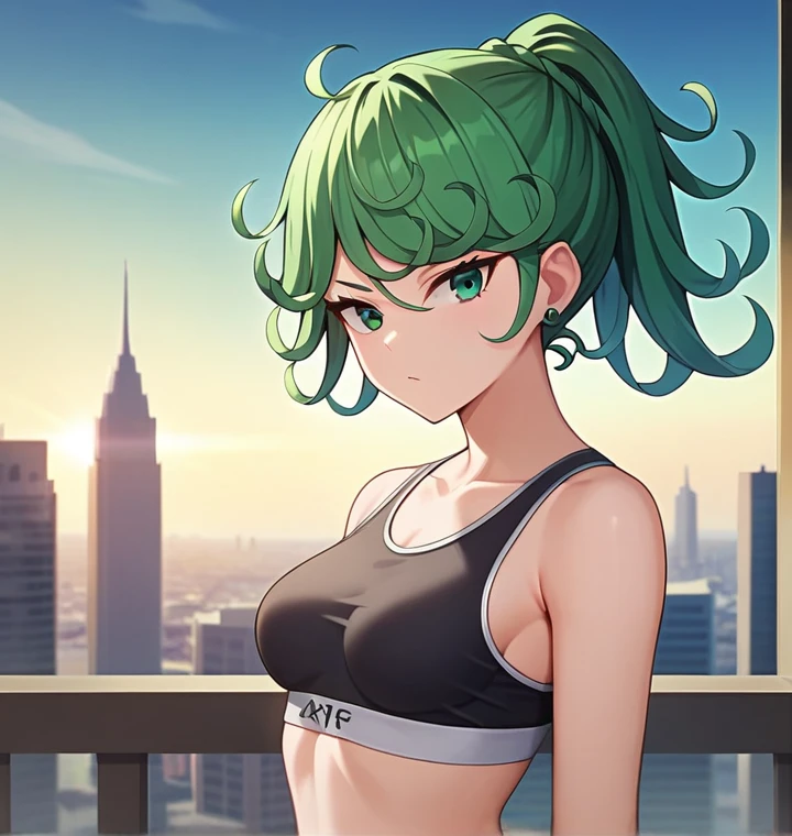 score_8_up, score_7_up, score_6_up, score_5_up, score_4_up, anime screenshot, looking at viewer, upper body,
1girl, tatsumaki, green hair, green eyes,super long hair,Ponytail, thighs, looking at viewer,
Black sports bra, shorts,medium breasts,
BREAK
standing, looking at viewer, city,Solo, Masterpiece, Blunt Bangs, Braided Ponytail, Earrings, 