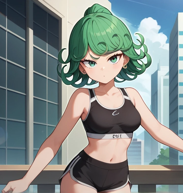 score_8_up, score_7_up, score_6_up, score_5_up, score_4_up, anime screenshot, looking at viewer, upper body,
1girl, tatsumaki, green hair, green eyes,super long hair,Ponytail, thighs, looking at viewer,
Black sports bra, shorts,medium breasts,
BREAK
standing, looking at viewer, city,Solo, Masterpiece, Blunt Bangs, Braided Ponytail, Earrings, 