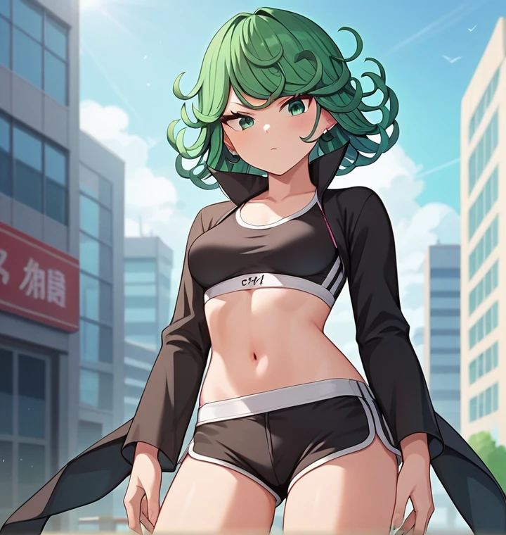 score_8_up, score_7_up, score_6_up, score_5_up, score_4_up, anime screenshot, looking at viewer, upper body,
1girl, tatsumaki, green hair, green eyes,super long hair,Ponytail, thighs, looking at viewer,
Black sports bra, shorts,medium breasts,
BREAK
standing, looking at viewer, city,Solo, Masterpiece, Blunt Bangs, Braided Ponytail, Earrings,