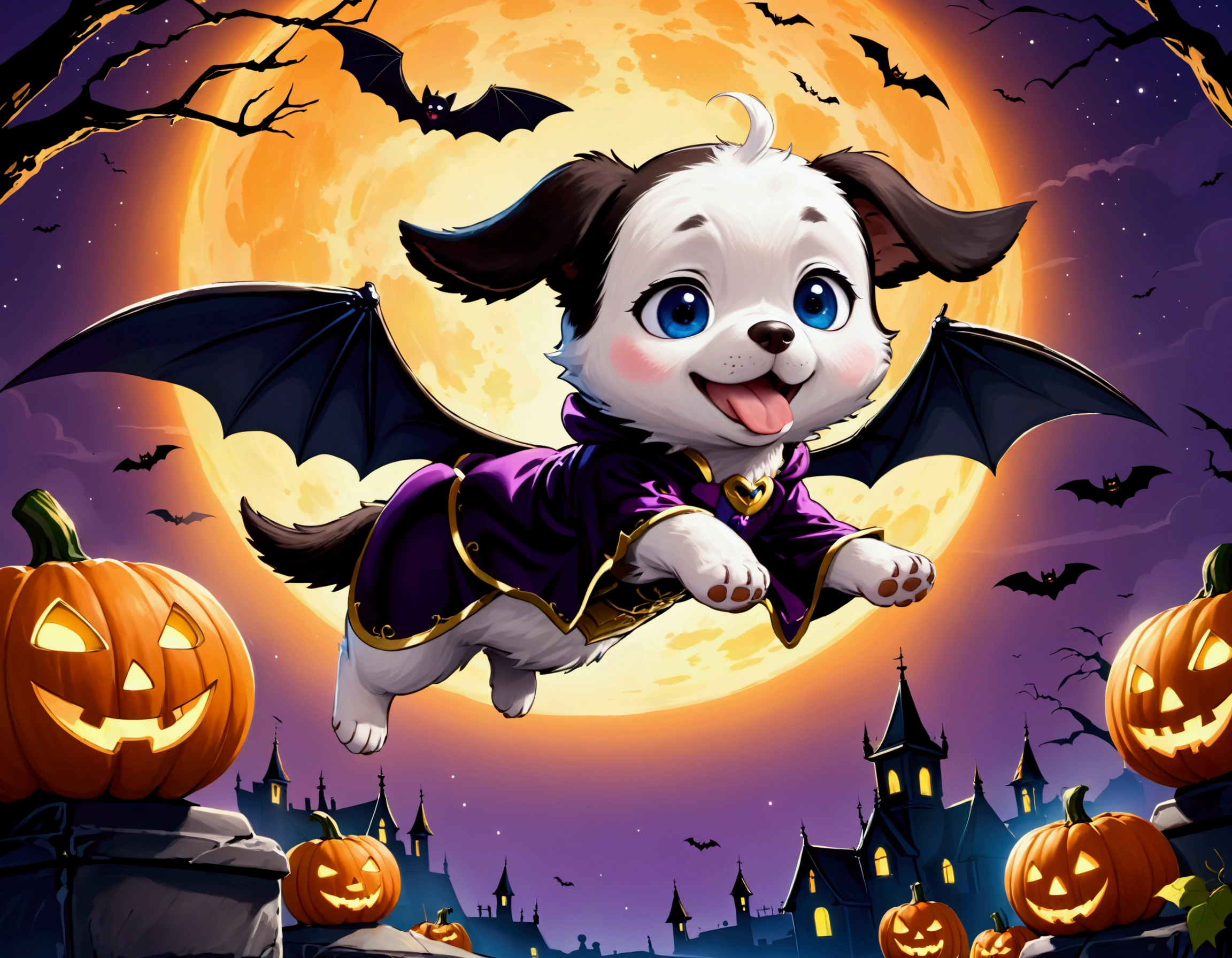 A flying puppy with bat wings, Halloween night, looking cute as he flying chases a girl in a princess costume
