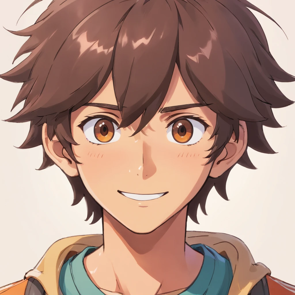 Ilustration anime (clear image) (image mold) face of a young man looking ahead dark skin dark hair, Latin American traits, Brown eyes, happy face, cheerful countenance (sharp image, detailed) white background color.