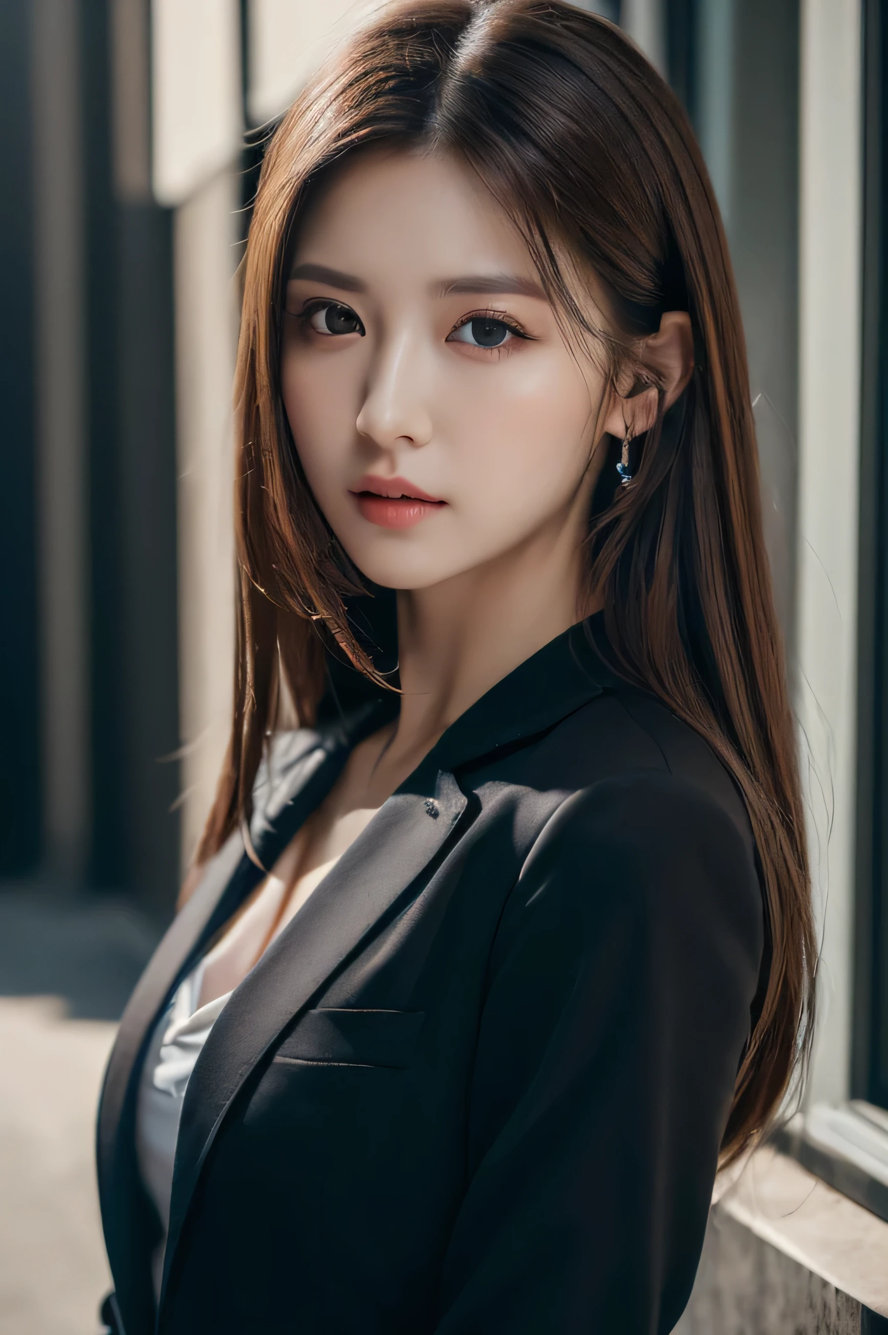 ((Realistic lighting, Highest quality, 8k, masterpiece: 1.3)), Clear focus: 1.2, One girl, Perfect Body Beauty: 1.4, ((Dark brown hair)), (((Black suit))), (Outdoor), Business district , Very beautiful face, Beautiful Eyes, double eyelid,