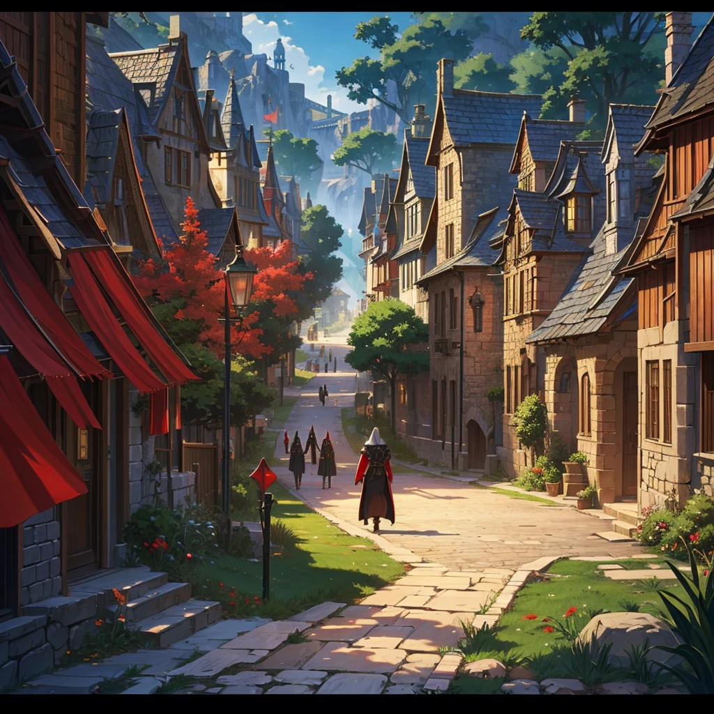 medieval fantasy capital's town entrance at outskirts, red, white and black enigmática, secured with Royal guards, anime Style ilustración, Creative and original , high quality, realistic ,
