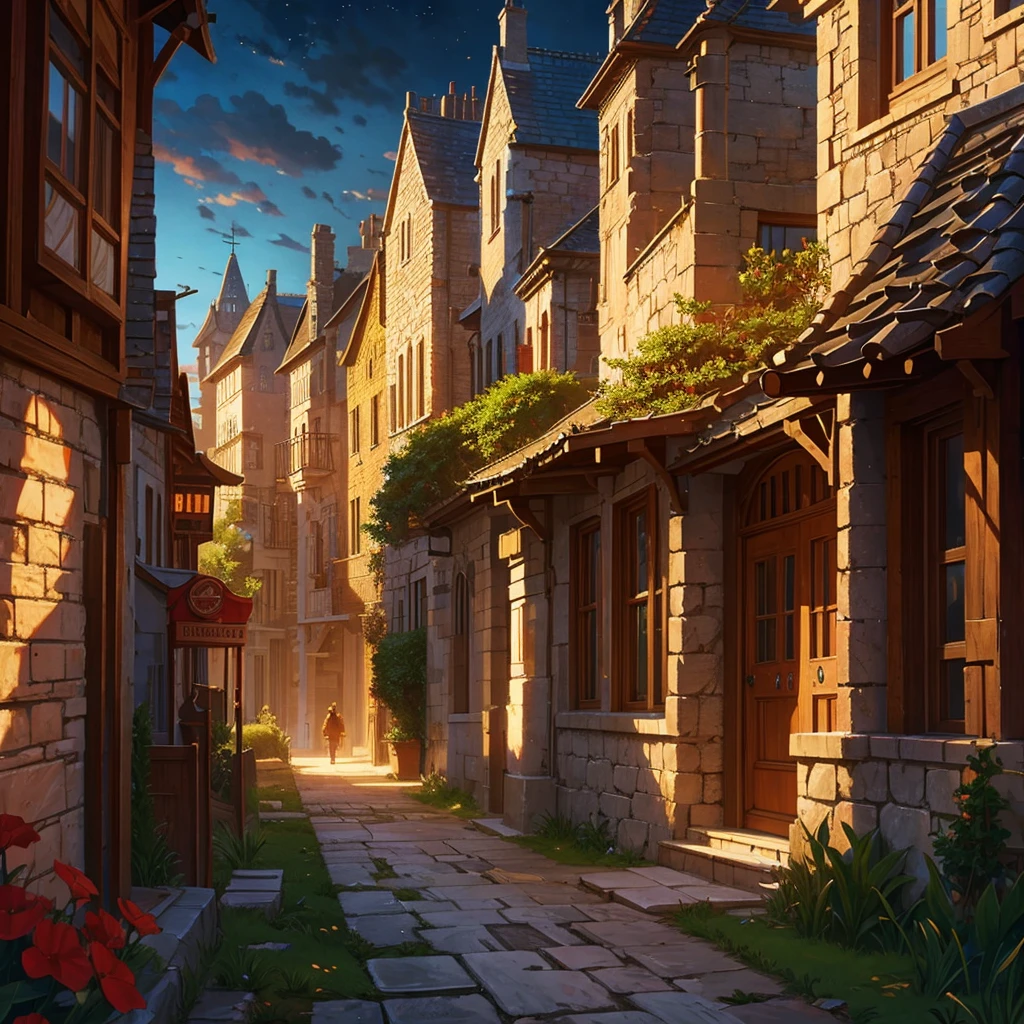 medieval fantasy capital's town entrance at outskirts, red, white and black enigmática, secured with Royal guards, anime Style ilustración, Creative and original , high quality, realistic ,