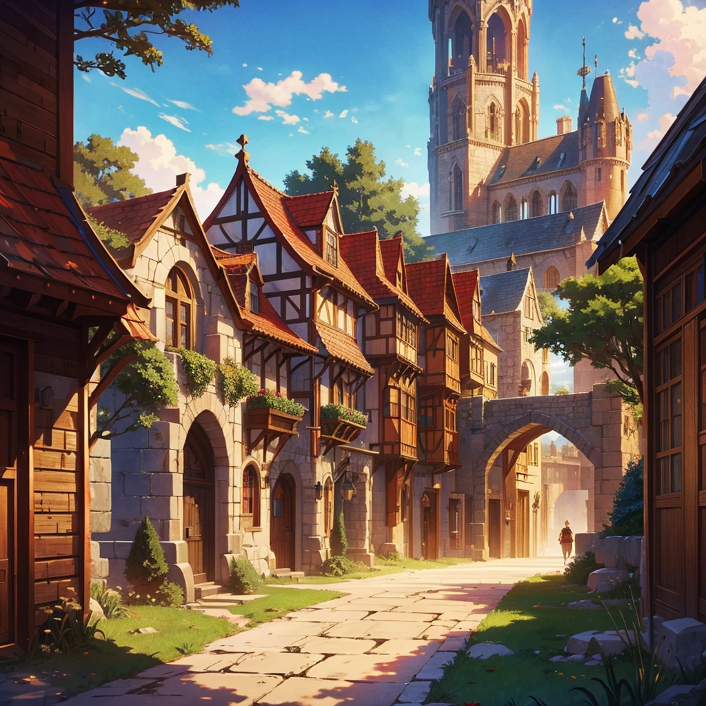 medieval fantasy capital's town entrance at outskirts, red, white and black enigmática, secured with Royal guards, anime Style ilustración, Creative and original , high quality, realistic ,