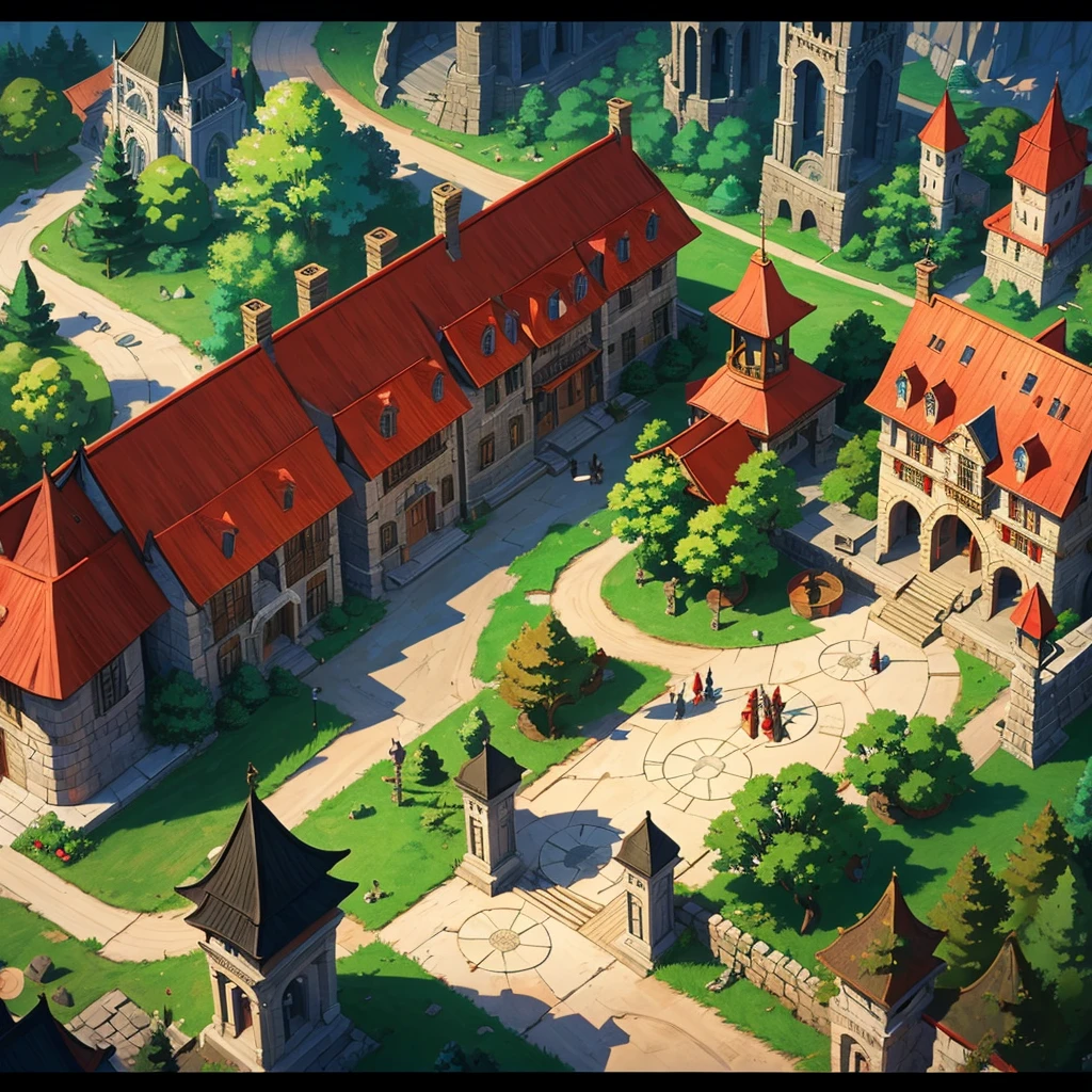 medieval fantasy capital's town  entrance at outskirts, red, white and black enigmática, secured with  Royal guards, anime Style ilustración, Creative and original , high quality, realistic , 