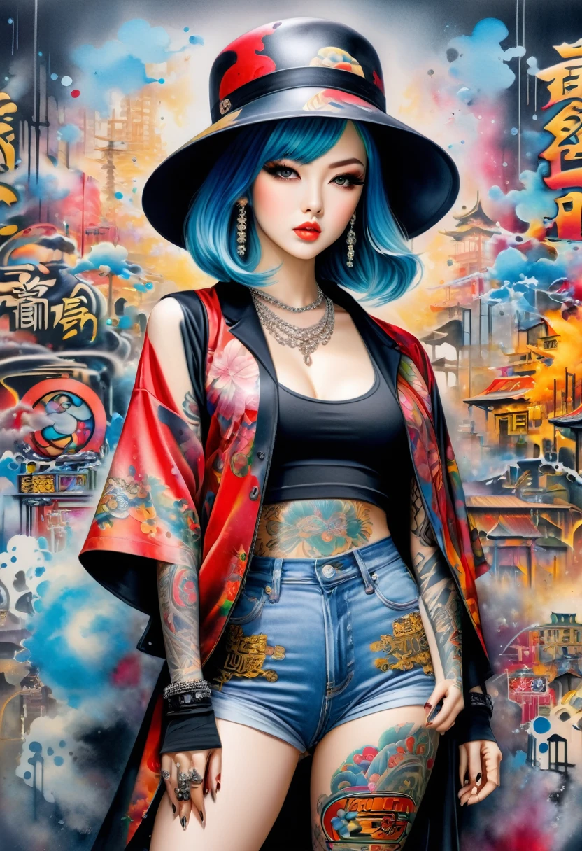 K quality、Watercolor、Stylish design、(((The strongest beautiful girl of all time)))、((Full Body Tattoo:1.5))(((Japanese)))、clear、Fashionable hats、(((first-class)))、Bob Hair、Put your hands on the wall、HDR、((Detailed explanation))、Stylish Fashion、detailed clothes texture、(((Graffiti Art)))、Colorful Hair、((masterpiece))、((Super detailed)) information