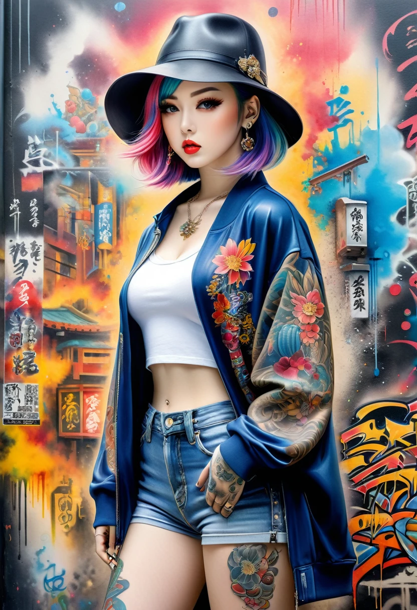 K quality、Watercolor、Stylish design、(((The strongest beautiful girl of all time)))、((Full Body Tattoo:1.5))(((Japanese)))、clear、Fashionable hats、(((first-class)))、Bob Hair、Put your hands on the wall、HDR、((Detailed explanation))、Stylish Fashion、detailed clothes texture、(((Graffiti Art)))、Colorful Hair、((masterpiece))、((Super detailed)) information