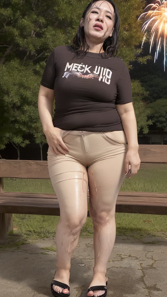 1woman,fullbody,(masterpiece:1.7),(photo-realistic,16k:1.1),(beautiful 40s japanese plump lady:1.4),(fireworks,park:1.2),(t-shirt:1.5),(shorts:1.4),(sandals:1.3),(whimpering:1.5),(panicking:1.4),(crying:1.4),(wetting:1.4),(dripping pee:1.4),pee puddle,brown straight medium hair,black eyes,(heavy makeup:1.5)