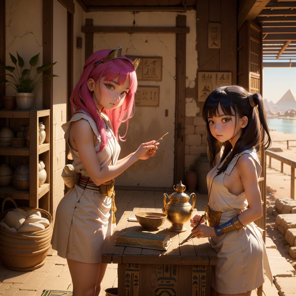 かわいいAncient Egyptの15歳の女の子、Ancient Egypt、View of the Nile、A colorful view of the whole、whole body、Low - Angle、Standing posture、Reeds are growing、Ancient Egyptの船、Ancient Egyptの風景、Sunset、