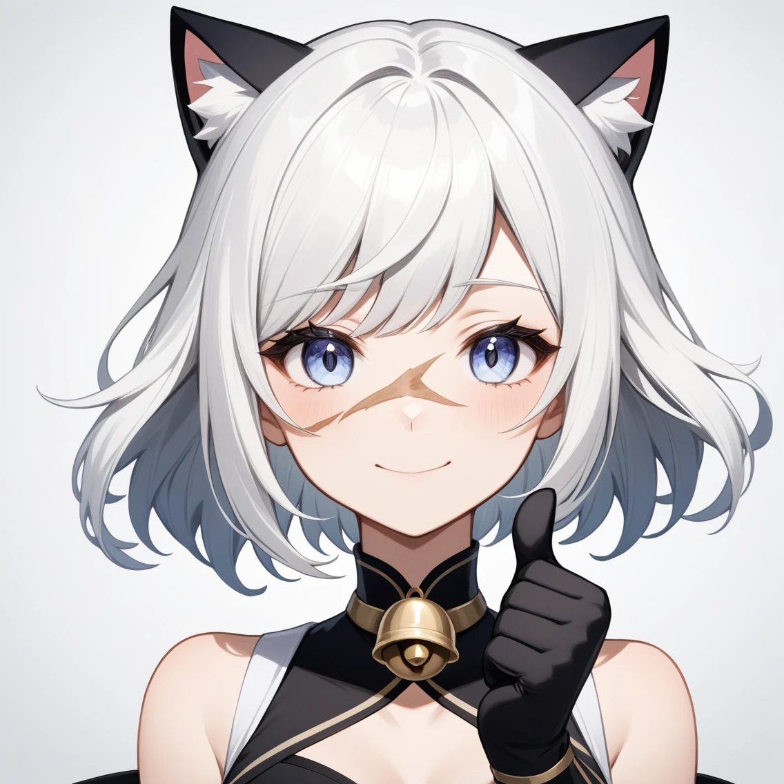 1 girl with short white hair，Cat ear,{employment \(Genshin Impact\)},Solitary,Smile,bell_Shoulder,Black_Gloves,point to at viewer, Close one eye, Looking at the audience, Solitary, White hair, Shut up, Bangs, background, point to, Finger guns,portrait,thumbs up,Medium quality,masterpiece,scar