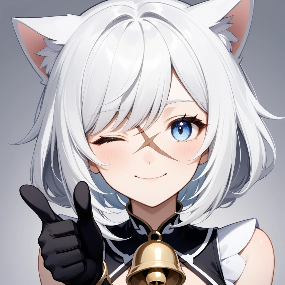 1 girl with short white hair,Cat ear,{employment \(Genshin Impact\)},Solitary,Smile,bell_Shoulder,Black_Gloves,point to at viewer, Close one eye, Looking at the audience, Solitary, White hair, Shut up, Bangs, background, point to, Finger guns,portrait,thumbs up,Medium quality,masterpiece,scar