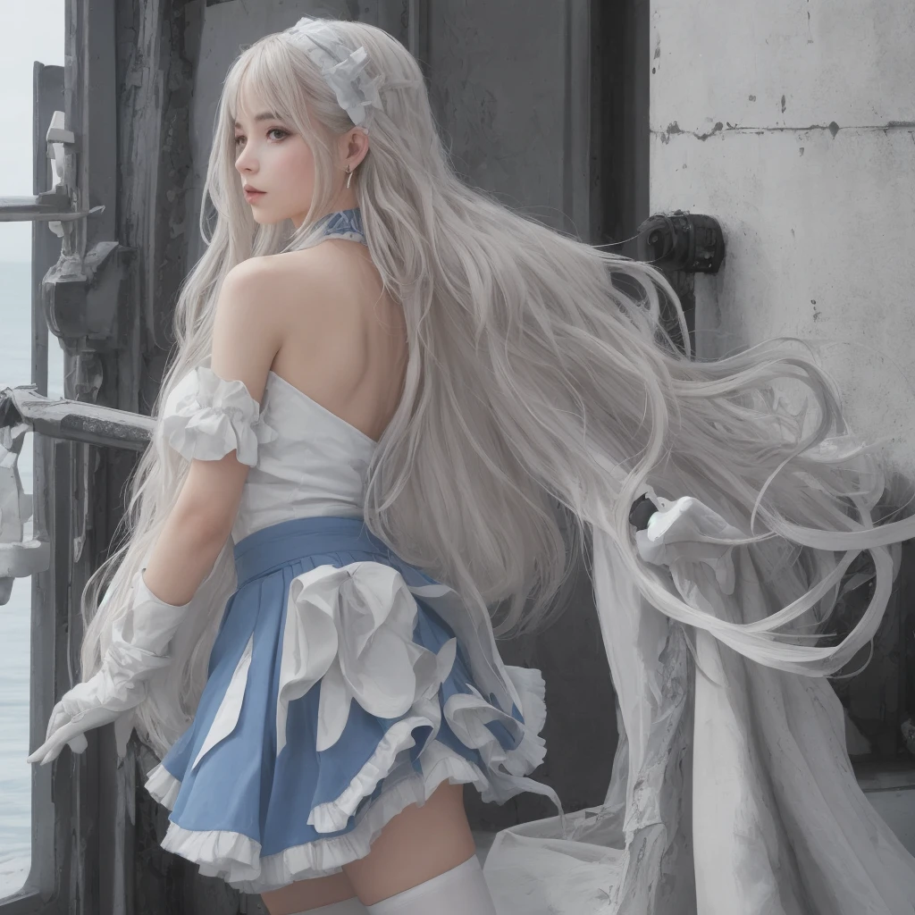 ((best quality)), ((masterpiece)), ((1girl)), solo, Ferry, ((long hair)), FerryBase, ((thighhighs)), bare shoulders, ((jewelry)), ((sleeveless)), white dress, blue skirt, ((gloves)), thigh-high, from behind.