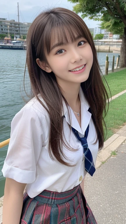 Tabletop, Highest quality, 8k、(Golden ratio face、Balanced Eyes、Very lively eyes、Slightly droopy eyes)、double eyelid、Innocent face、Young Face、Beautiful Nose、Embarrassed Laugh、Lip gloss、Balanced style、Brown twin-tailed hair、Very beautiful girl、Beautiful girl solo like a model、Tartan check tie、Sailor suit、White shirt、Tartan plaid skirt、White shoes下、White shoes、１６age、smile、The sun is dazzling、There is wind、Playing in the sea、