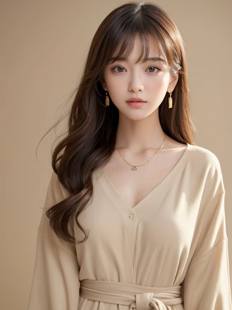((Highest quality, 8k, masterpiece:1.3)), concentrate: 1.2, Perfect body beauty: 1.4, Hips: 1.2, ((Long Hair, chest: 1.2)), (Dry clothes: 1.1) , (clear, Simple Background:1.3), Simple clothes: 1.1, Highly detailed face and skin texture,Delicate eyes, double eyelid, Whitened skin, Rough skin、Long Hair、Earrings with bangs、necklace、 solo、Beige coat、White shirt, (((Beautiful girl with cute Japan)))、 ((Beautiful Japanese girl 20 years old))、 ((Baby Face))、 (((Slender body)))、 Upper Body,Face focus、necklace,Simple Background,From above, Realistic Hair、 A photograph was taken:Canon EOS R6、135mm、1/1250 seconds、f2.8、ISO400、(Detailed explanation of the hand)、(Masseter muscle area)、(Exquisite CG)、Long Hair, loose and curly hair、Korean Hair、Long Hair明るいベージュ色、グラデーションハイライトグレージュのゆるふわLong Hairスタイル、