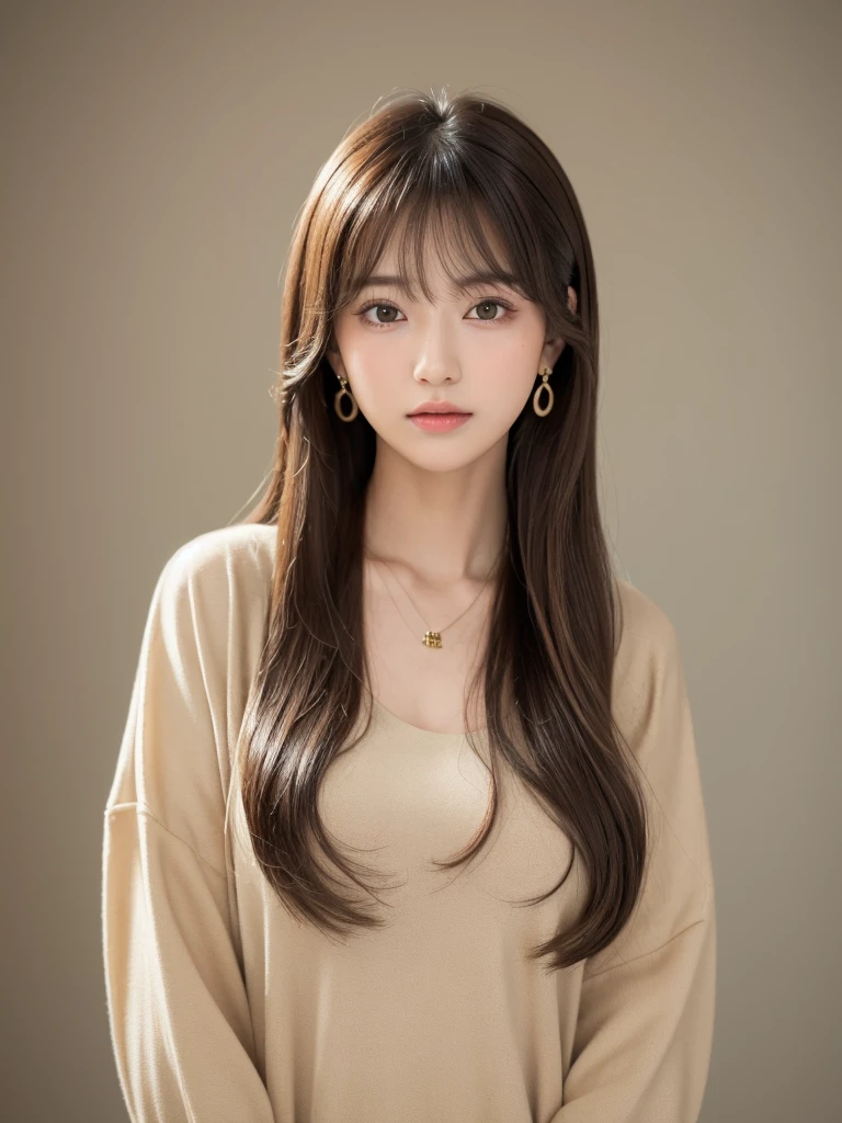 ((Highest quality, 8k, masterpiece:1.3)), concentrate: 1.2, Perfect body beauty: 1.4, Hips: 1.2, ((Long Hair, chest: 1.2)), (Dry clothes: 1.1) , (clear, Simple Background:1.3), Simple clothes: 1.1, Highly detailed face and skin texture,Delicate eyes, double eyelid, Whitened skin, Rough skin、Long Hair、Earrings with bangs、necklace、 solo、Beige coat、White shirt, (((Beautiful girl with cute Japan)))、 ((Beautiful Japanese girl 20 years old))、 ((Baby Face))、 (((Slender body)))、 Upper Body,Face focus、necklace,Simple Background,From above, Realistic Hair、 A photograph was taken:Canon EOS R6、135mm、1/1250 seconds、f2.8、ISO400、(Detailed explanation of the hand)、(Masseter muscle area)、(Exquisite CG)、Long Hair, loose and curly hair、Korean Hair、Long Hair明るいベージュ色、グラデーションハイライトグレージュのゆるふわLong Hairスタイル、