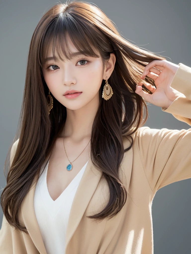 ((Highest quality, 8k, masterpiece:1.3)), concentrate: 1.2, Perfect body beauty: 1.4, Hips: 1.2, ((Long Hair, chest: 1.2)), (Dry clothes: 1.1) , (clear, Simple Background:1.3), Simple clothes: 1.1, Highly detailed face and skin texture,Delicate eyes, double eyelid, Whitened skin, Rough skin、Long Hair、Earrings with bangs、necklace、 solo、Beige coat、White shirt, (((Beautiful girl with cute Japan)))、 ((Beautiful Japanese girl 20 years old))、 ((Baby Face))、 (((Slender body)))、 Upper Body,Face focus、necklace,Simple Background,From above, Realistic Hair、 A photograph was taken:Canon EOS R6、135mm、1/1250 seconds、f2.8、ISO400、(Detailed explanation of the hand)、(Masseter muscle area)、(Exquisite CG)、Long Hair, loose and curly hair、Korean Hair、Long Hair明るいベージュ色、グラデーションハイライトグレージュのゆるふわLong Hairスタイル、