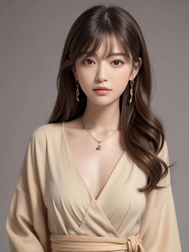 ((Highest quality, 8k, masterpiece:1.3)), concentrate: 1.2, Perfect body beauty: 1.4, Hips: 1.2, ((Long Hair, chest: 1.2)), (Dry clothes: 1.1) , (clear, Simple Background:1.3), Simple clothes: 1.1, Highly detailed face and skin texture,Delicate eyes, double eyelid, Whitened skin, Rough skin、Long Hair、Earrings with bangs、necklace、 solo、Beige coat、White shirt, (((Beautiful girl with cute Japan)))、 ((Beautiful Japanese girl 20 years old))、 ((Baby Face))、 (((Slender body)))、 Upper Body,Face focus、necklace,Simple Background,From above, Realistic Hair、 A photograph was taken:Canon EOS R6、135mm、1/1250 seconds、f2.8、ISO400、(Detailed explanation of the hand)、(Masseter muscle area)、(Exquisite CG)、Long Hair, loose and curly hair、Korean Hair、Long Hair明るいベージュ色、グラデーションハイライトグレージュのゆるふわLong Hairスタイル、