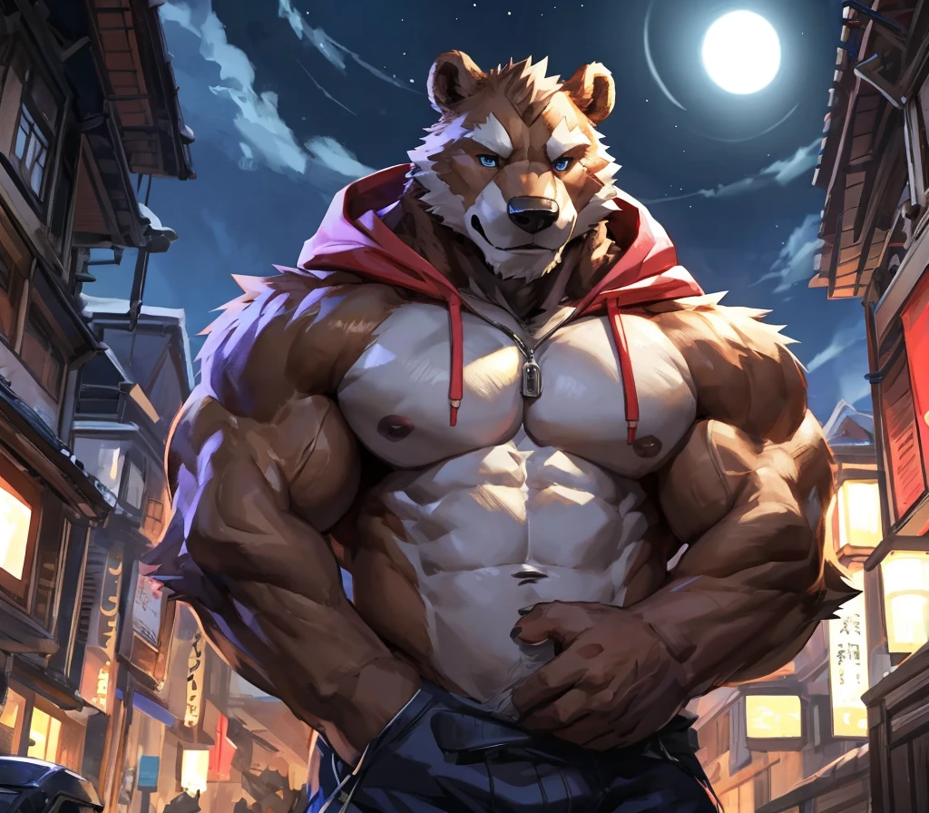 bynamic angle,depth of field, motion blur, absurdres,looking at viewer, (best quality), (masterpiece), (ultra detailed),(detailed eyes),sharp focus,japanese anime,manga,anthro male brown grizzly bear,(muscular),big fellow,huge body,((hoodie sleevless)),sky blue eyes,handsome,night,(flex one’s biceps),by null-ghost,by traver009,by lindong,by pino daeni