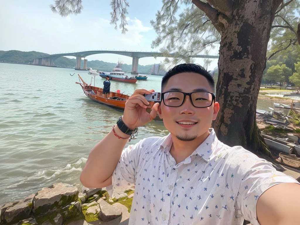 there is a man taking a selfie with a boat in the background, 2 7 years old, 2 9 years old, 3 2 years old, 2 8 years old, ren heng, 38 years old, photo taken in 2 0 2 0, he is! about 3 0 years old, 3 6 years old, hoang long ly, 3 5 years old