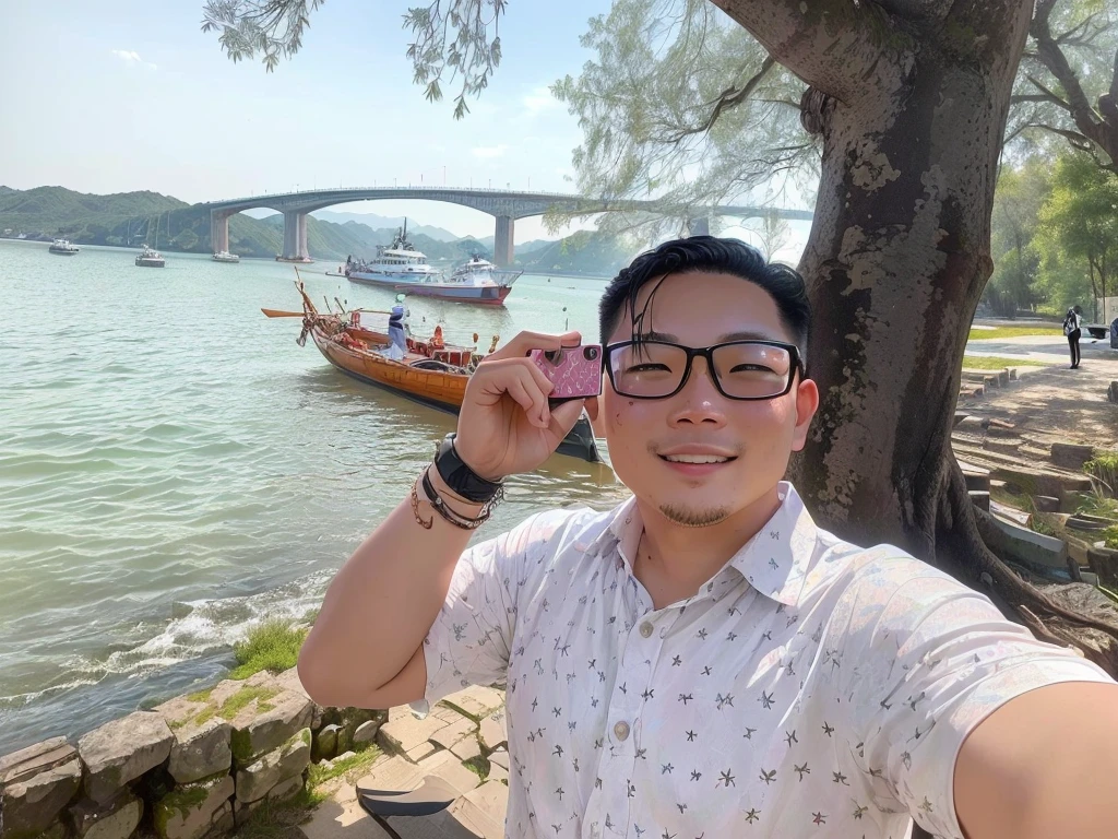 there is a man taking a selfie with a boat in the background, 2 , 2 9 years old old, 2 8 yearseng, 38 years oaken in 2 0 2 0, he is! about 3 0 years old, 3 6 years old, hoang long ly, 3 5 years old