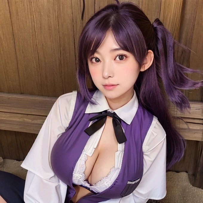 1girl, solo, 18yo, hagikaze_kantaicollection, long_hair, (purple_hair), one_side_up, ahoge, brown_eyes, blush, vest, neck_ribbon, ((huge breasts)), black_vest, blouse, beach