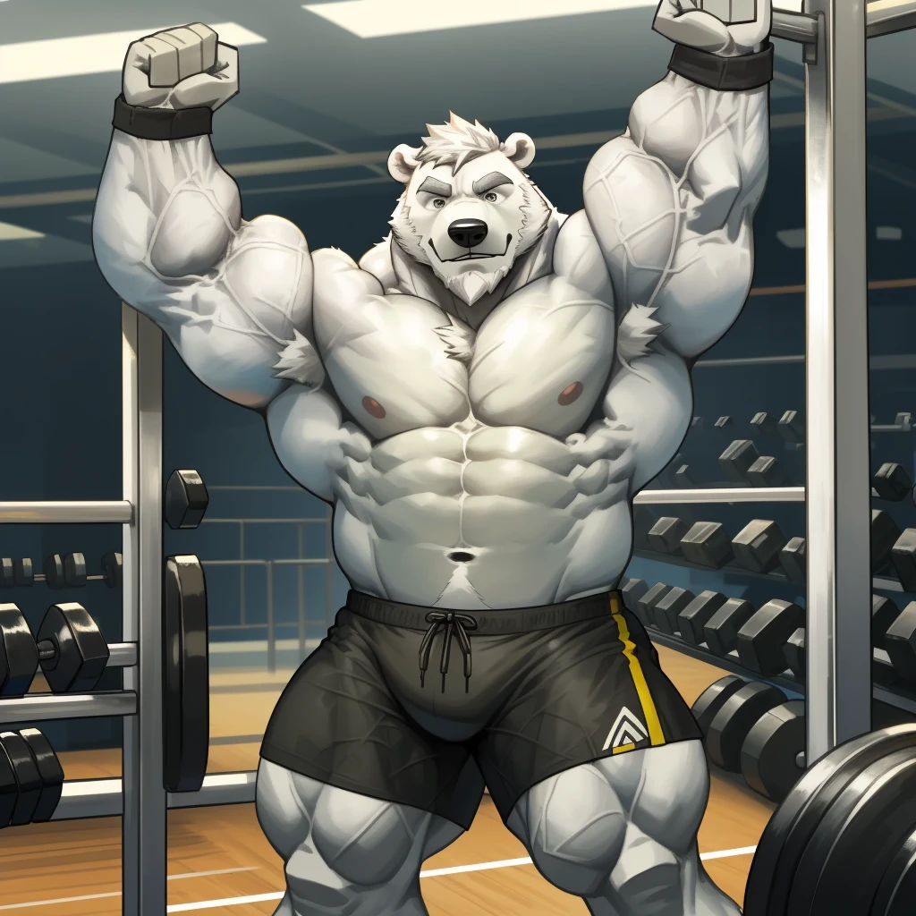 masterpiece, best quality, 8k resolution, Very detailed, hairy，(((polar bear))，(((Mature)))，(((beard))),(((Strong)))，(((White hair all over body)))，portrait，(((White hair)))，(((Gymnasium)))，(((Left hand pulling the handle)))，For the audience，(((black gym shorts)))，Highest quality scene，Solitary，reps，(((whole body)))，(((powerful workouts)))，(((Right hand pulling the handle)))，(((Standing with legs apart)))，(((stretching)))，((thick-enclosed muscle))，(((Round face)))，(((alone)))，(((Strong body)))，(((Hip bulge))), ((cable crossover machine))