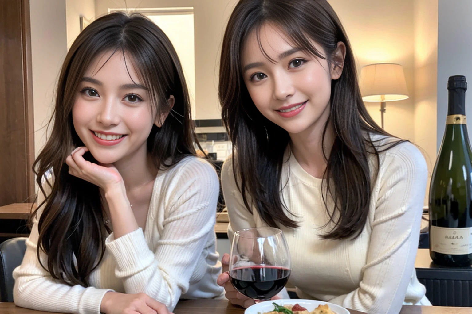 （Realistic:1.1）,(masterpiece,Highest quality)，8k,(44 years old), 42 years old, slimカップル、Model Couple、actress/actor、Tight waist,Upper Body,full-course dinner、wine 、Amazing view of the sunset sky and clouds、Perfect Anatomy, Brown Hair, short hair,Random Hairstyles,((Highly detailed face and eyes:1.2))(cute顔:1.4)，美しいactressの顔，Perfect golden ratio face，Long sleeve shirt、dress,(smile:1.2)、Shortcuts、cute、(Realistic, Intricate details:1.2), A bright smile、short hair,Bright Face、赤wine 、Appetizers、Italian food、wine bottle、Champagne、スパークリングwine、(slimな顔), (The body is slim), (Brown Hair), (Shortcuts),  Upper Body, 白wine, slim, wineグラス, 