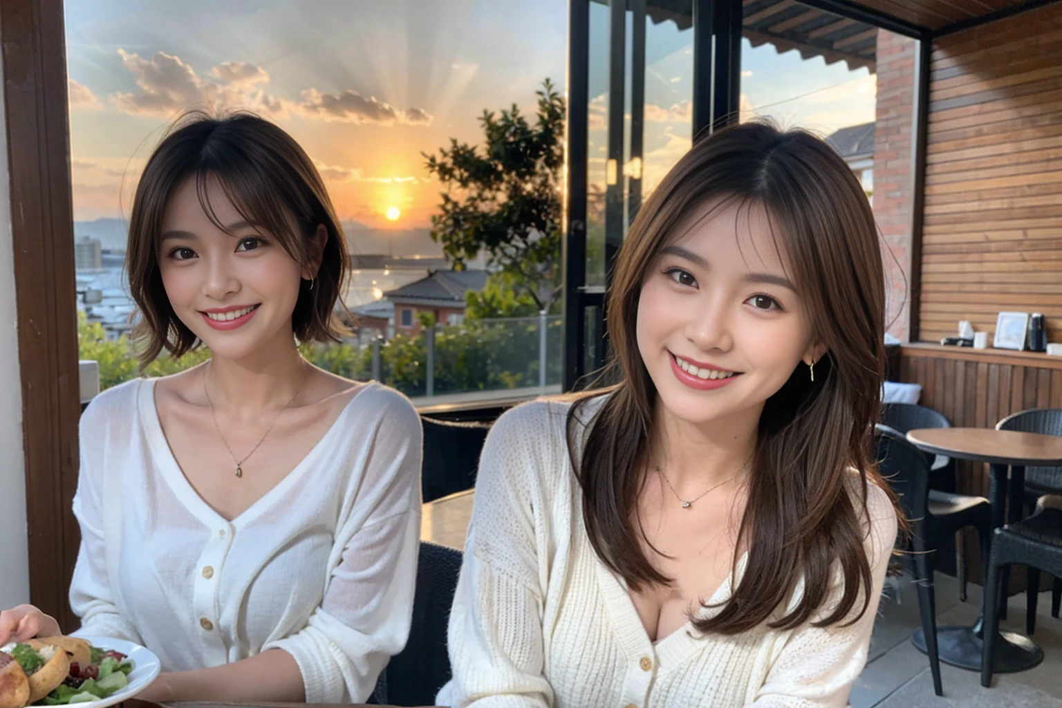 (Realistic:1.1),(masterpiece,Highest quality),8k,(44 years old), 42 years old, slimカップル、Model Couple、actress/actor、Tight waist,Upper Body,full-course dinner、wine 、Amazing view of the sunset sky and clouds、Perfect Anatomy, Brown Hair, short hair,Random Hairstyles,((Highly detailed face and eyes:1.2))(cute顔:1.4),美しいactressの顔,Perfect golden ratio face,Long sleeve shirt、dress,(smile:1.2)、Shortcuts、cute、(Realistic, Intricate details:1.2), A bright smile、short hair,Bright Face、赤wine 、Appetizers、Italian food、wine bottle、Champagne、スパークリングwine、(slimな顔), (The body is slim), (Brown Hair), (Shortcuts), Upper Body, 白wine, slim, wineグラス,
